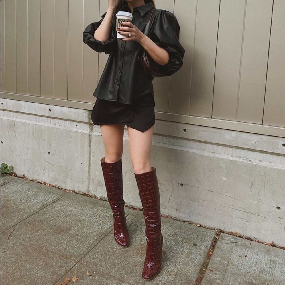 Burgundy faux snakeskin boots